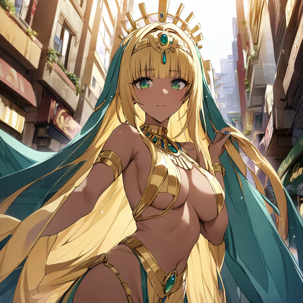 ((Highest quality)), ((masterpiece)), (detailed), (Perfect Face)、The woman is a Muslim Egyptian Tiara with bright brown skin, wearing a gorgeous and glittering Cleopatra costume, a gorgeous Cleopatra crown, and an engagement ring among other gorgeous jeweled accessories in the streets of Egypt.、The woman was an elegant Tiara with green eyes and medium-long blonde hair. She was a Muslim Egyptian Tiara with bright brown skin, wearing a gorgeous and glittering Cleopatra costume and a gorgeous Cleopatra crown.、(The woman is a dark-skinned Egyptian named Tiara.)