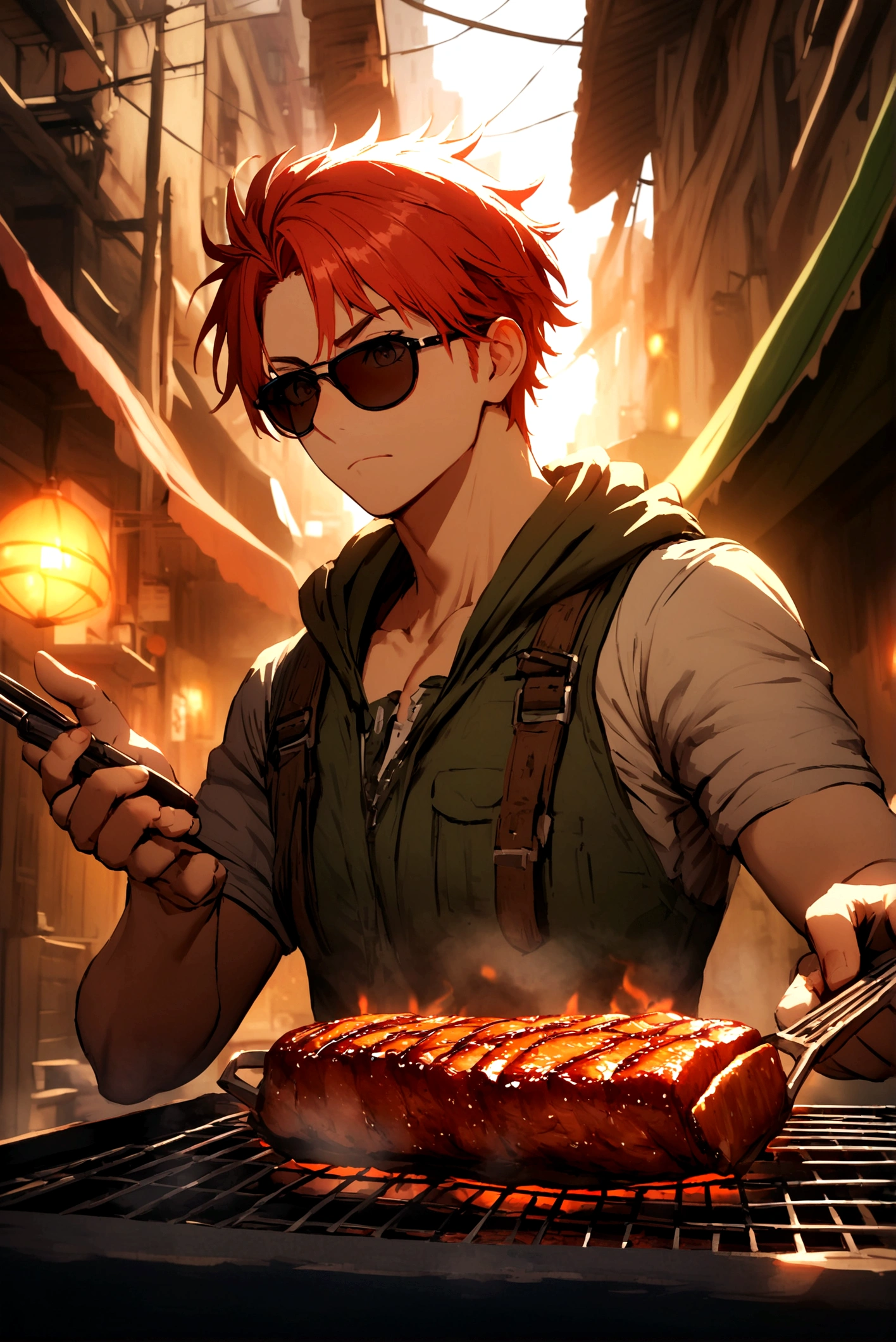 Redhead, 1 boy, fps game, Grilled meat,  sunglasses