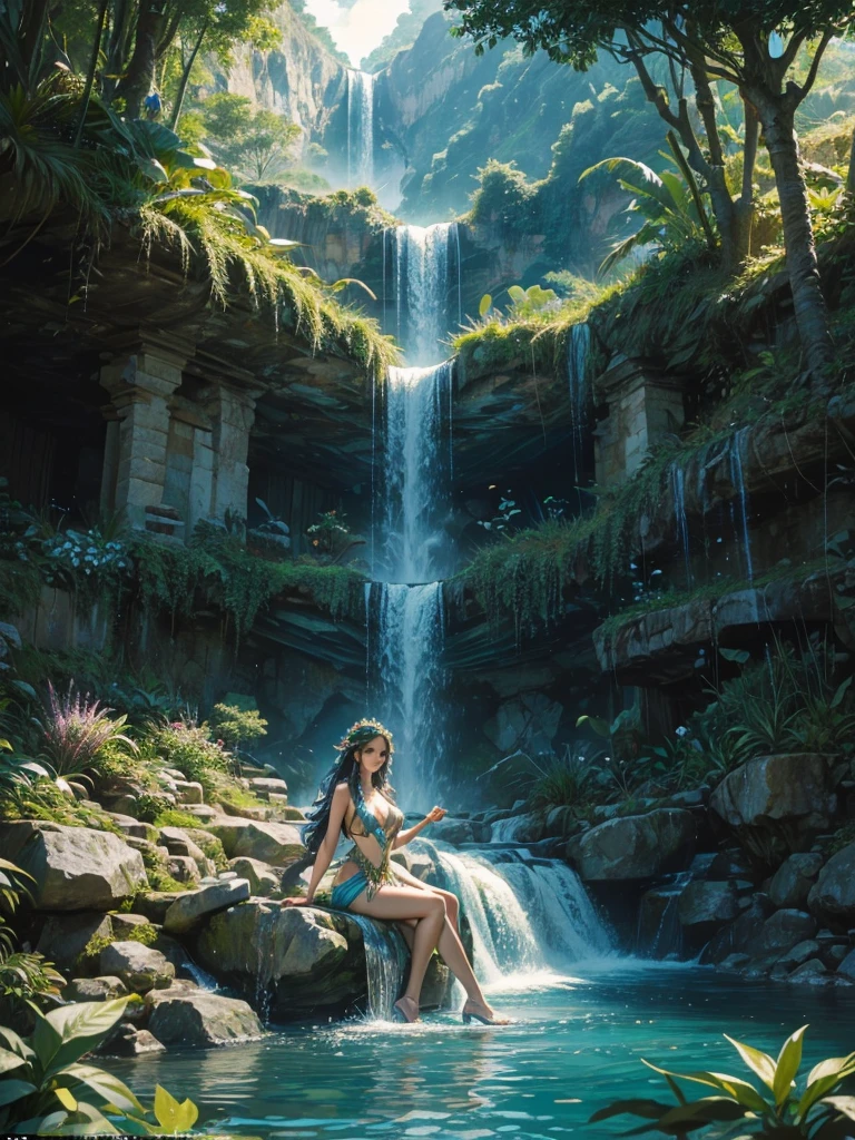 Goddess of water next to a waterfall, she in surrounded by water whips, dynamic,   glenn, river running between rock walls, tropical vegetation with luxurious colourful flowers, vines, hanging plants, illuminated by natural sunlight,highly detailed, photorealistic.