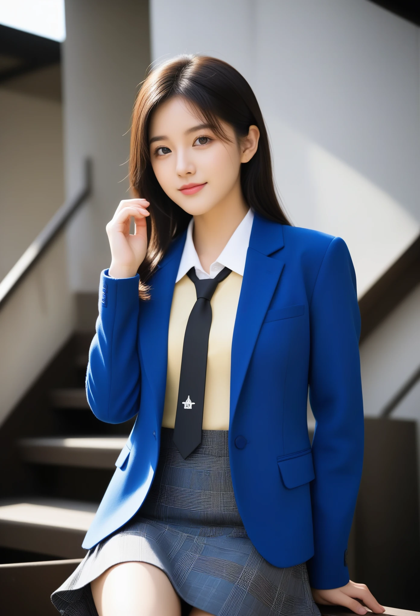 8K, Ultra-high resolution, Highest quality, masterpiece, 三分割法によるphotograph,Surreal, photograph, 1 Girl, (:1.3), pretty girl, Cute face, Beautiful eyes in every detail, 細かくdetailedに,masterpiece,, One Girl:1.2, Japan Female Announcer、Cowboy Shot,((very small head:1.3)),Center-parted bangs,amount,Black Hair,Short Bob,Long Hair,Iris,Gorgeous eyes,smile,((Toned body,Slender body,skinny)),(school uniform、Dark blue blazer jacket、Navy blue tie、Grey plaid pleated mini skirt,loafers),Glowing Skin,Shiny skin,Climbing the stairs,Fire escape in a building,Back view,Turn around and look at the audience,Beautiful leg line beauty,Captivating thighs,Full of sex appeal,Sensual,屈託のないsmile,Heal the heart,Ultra low angle、beauty,Long neck、Laugh a little、Please close your mouth and laugh、(((Ideal body type))),A cup small breasts :2,、Portraiture:2、Perfect Anatomy、鮮明なdetailed、detailed、Surreal、Light and shadow,Strong light