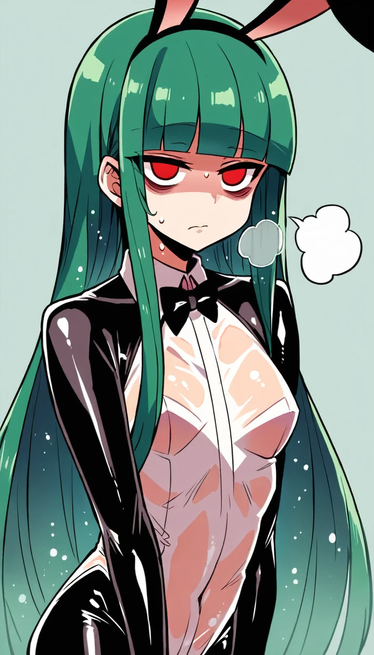 score_9, score_8_up, source_アニメ,アニメ style,empty eye,Green Hair,Red eyes,blunt bangs,long hair,Very young,cool eye,((1girl)),shiny skin,Reverse Bunny Suit,Lewd,Heavy breathing,Wet and see-through