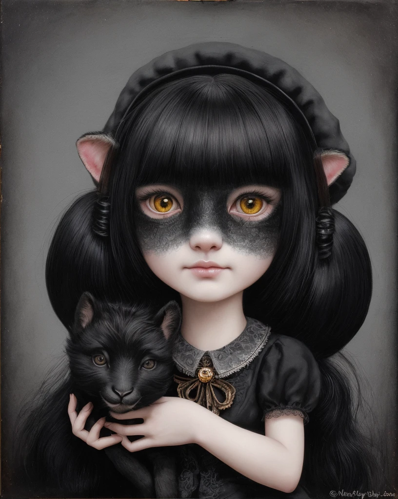 Painting of a sad black sheep with a black hat and a black nose, Styled by Mark Ryden, Styled by Mark Ryden, Mark Ryden in the style of, Mark Ryden very detailed, inspirado for Mark Ryden, for Mark Ryden, Gary Baseman, benjamin lacombe, Anton Semenov, "Portrait of a sheep, Arte lowbrow,  with cat, with deer head torn, 