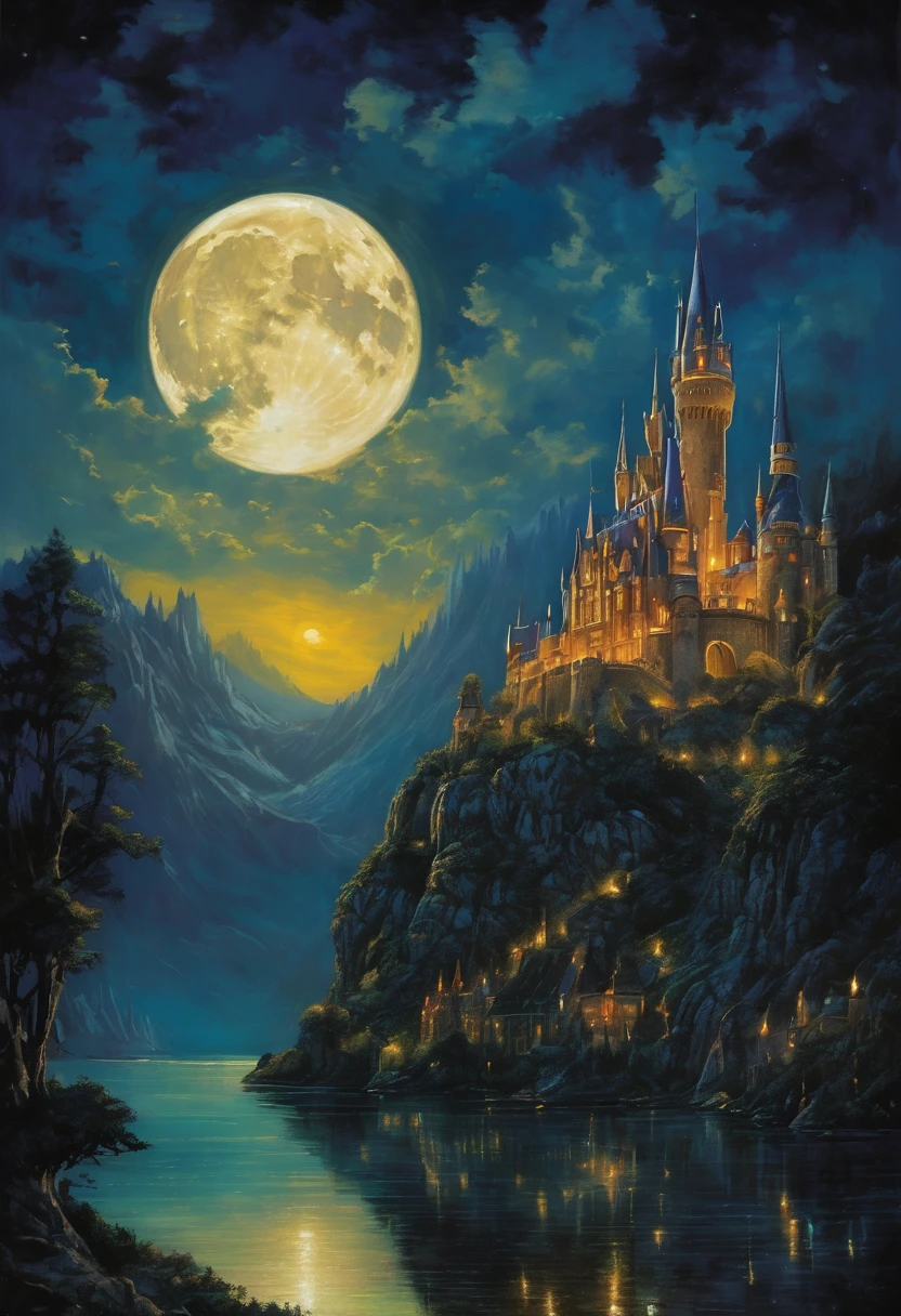 masterpiece. Castle poster with full moon in the background, View from the cave, Pure black background above and below. Detailed drawing inspired by Gaston Bussiere, shutter, Fantasy Art, Magic Castle, Magic Background, Glowing Castle. The Art of Harry Potter, Detail Enhancement. Very detailed magic, Dream Castle)). mystery, Background Hogwarts, background hogwarts, Magic Castle school on the hill, fairytale painting, Magical composition, Night view