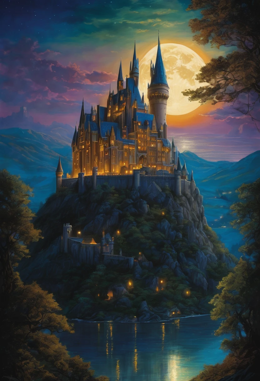 masterpiece. Castle poster with full moon in the background, View from the cave, Pure black background above and below. Detailed drawing inspired by Gaston Bussiere, shutter, Fantasy Art, Magic Castle, Magic Background, Glowing Castle. The Art of Harry Potter, Detail Enhancement. Very detailed magic, Dream Castle)). mystery, Background Hogwarts, background hogwarts, Magic Castle school on the hill, fairytale painting, Magical composition, Night view