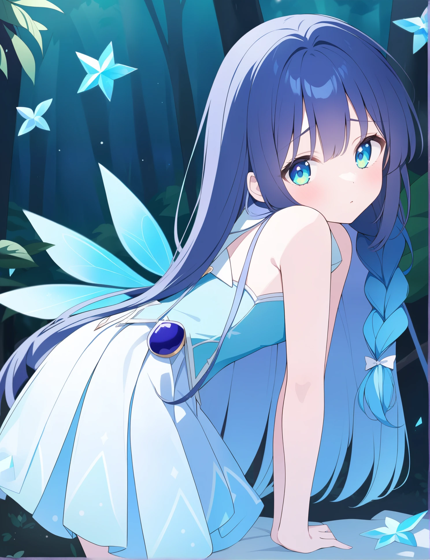 Blueberry girl,sad,blue magical girl,cyan eyes,long straight hair,cyan braids on side,cyan fairy wings,magical forest background,2k,cyan crystal,adult,cyan accesorie,dark blue hair