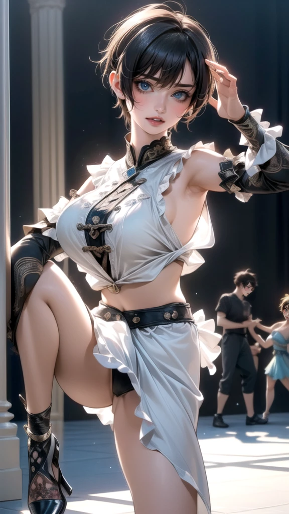 (Thin type),(large breasts),(random dance pose:1.5),(short hair),(Highest image quality,(8K), Ultra-realistic, Best Quality, High quality, High Definition, high quality texture, high detailing, Beautiful detailed, fine detailed, extremely details CG, Detailed texture, realistic representation of face, masterpiece, presence)