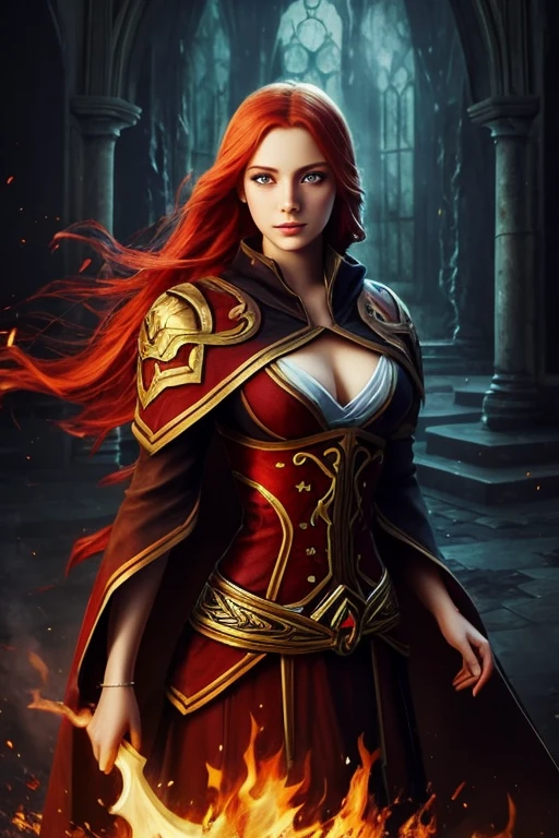 A masterpiece depicting a beautiful white girl, burn, Surrounded by flames, dota2 fire girl style, Ghost Knife Style, Fiery hair, Long Red Hair, watery blue Big eyes, Narrow waist, Wide Hips, Wizard Robe, Magic colors, World of Warcraft Style, Blizzard Entertainment, Ultra HD, 8K, Real skin texture, The best light, Best Shadow, Dota2 Lina, action, The wizarding world, Bird&#39;s-eye view, Small Mouth, Small Nose, Big eyes, cute