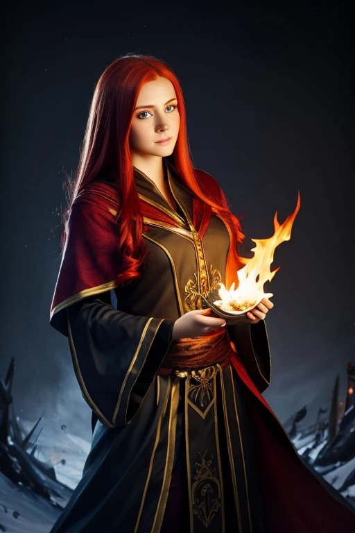 A masterpiece depicting a beautiful white girl, burn, Surrounded by flames, dota2 fire girl style, Ghost Knife Style, Fiery hair, Long Red Hair, watery blue Big eyes, Narrow waist, Wide Hips, Wizard Robe, Magic colors, World of Warcraft Style, Blizzard Entertainment, Ultra HD, 8K, Real skin texture, The best light, Best Shadow, Dota2 Lina, action, The wizarding world, Bird&#39;s-eye view, Small Mouth, Small Nose, Big eyes, cute