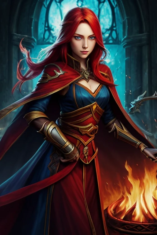 A masterpiece depicting a beautiful white girl, burn, Surrounded by flames, dota2 fire girl style, Ghost Knife Style, Fiery hair, Long Red Hair, watery blue Big eyes, Narrow waist, Wide Hips, Wizard Robe, Magic colors, World of Warcraft Style, Blizzard Entertainment, Ultra HD, 8K, Real skin texture, The best light, Best Shadow, Dota2 Lina, action, The wizarding world, Bird&#39;s-eye view, Small Mouth, Small Nose, Big eyes, cute