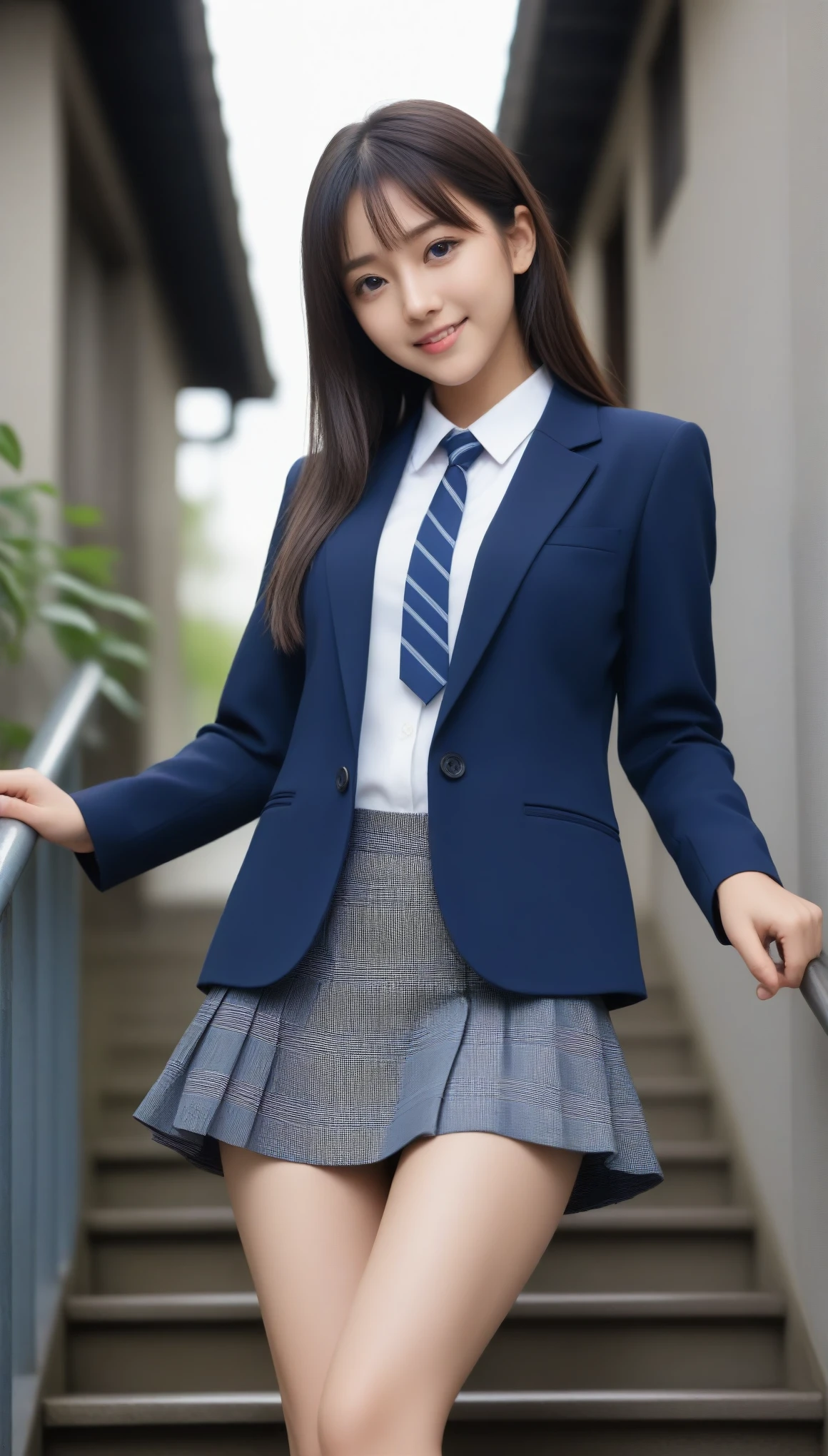 8K, Ultra-high resolution, Highest quality, masterpiece, 三分割法によるphotograph,Surreal, photograph, 1 Girl, (16 years old:1.3), pretty girl, Cute face, Beautiful eyes in every detail, 細かくdetailedに,masterpiece,, One Girl:1.2, Japan Female Announcer,full body,from below,from behind,((very small head:1.3)),Center-parted bangs,amount,Black Hair,Long Hair,Iris,Gorgeous eyes,smile,((Toned body,Slender body,skinny)),(school uniform、Dark blue blazer jacket、Navy blue tie、Grey plaid pleated mini skirt,Loafers),振り返ってsmile,Glowing Skin,Shiny skin,Climbing the stairs,Fire escape in a building,Beautiful leg line beauty,Captivating thighs,Full of sex appeal,Sensual,屈託のないsmile,Heal the heart,Low ponytail、beauty,Long neck、Laugh a little、Please close your mouth and laugh、(((Ideal body type))),A cup small breasts :2,、Portraiture:2、Perfect Anatomy、鮮明なdetailed、detailed、Surreal、Light and shadow,Strong light
