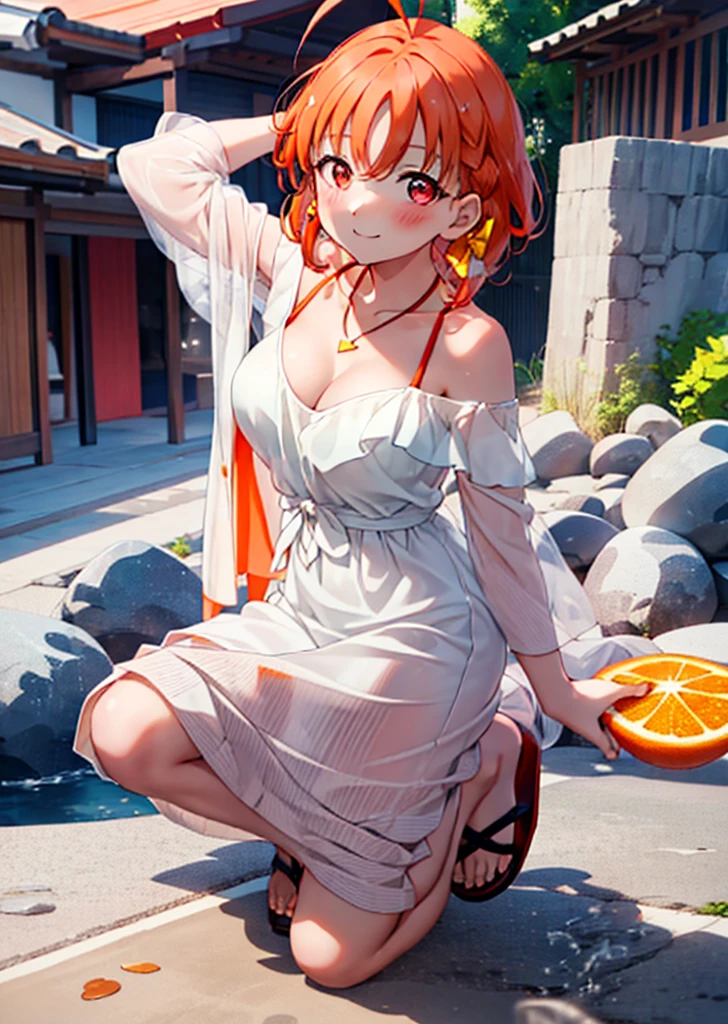 chika　takami,Orange Hair,Ahoge,Red eyes,smile,blush,Orange off-shoulder dress,Bare shoulders,bare clavicle,Bare neck,Heart-shaped necklace,Long skirt,Cute heeled sandals,Walking,Daytime,Clear skies,whole bodyがイラストに入るように break outdoors, Building district, break looking at viewer, whole body, break (masterpiece:1.2), Highest quality, High resolution, unity 8k wallpaper, (figure:0.8), (Beautiful attention to detail:1.6), Highly detailed face, Perfect lighting, Highly detailed CG, (Perfect hands, Perfect Anatomy),