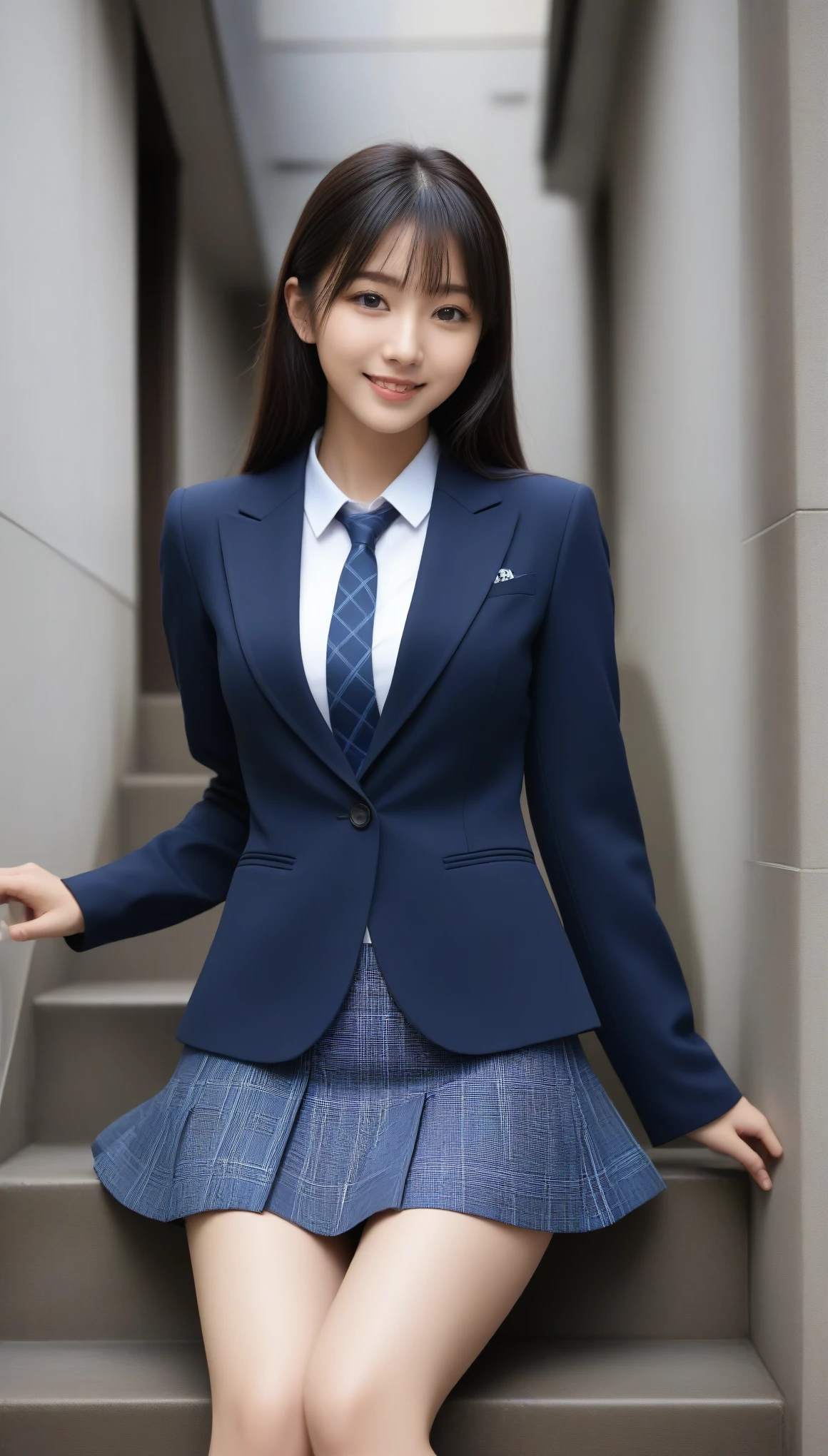 8K, Ultra-high resolution, Highest quality, masterpiece, 三分割法によるphotograph,Surreal, photograph, 1 Girl, (16 years old:1.3), pretty girl, Cute face, Beautiful eyes in every detail, 細かくdetailedに,masterpiece,, One Girl:1.2, Japan Female Announcer,full body,from below,from behind,((very small head:1.3)),Center-parted bangs,amount,Black Hair,Long Hair,Iris,Gorgeous eyes,smile,((Toned body,Slender body,skinny)),(school uniform、Dark blue blazer jacket、Navy blue tie、Grey plaid pleated mini skirt,Loafers),振り返ってsmile,Glowing Skin,Shiny skin,Climbing the stairs,Fire escape in a building,Beautiful leg line beauty,Captivating thighs,Full of sex appeal,Sensual,屈託のないsmile,Heal the heart,Low ponytail、beauty,Long neck、Laugh a little、Please close your mouth and laugh、(((Ideal body type))),A cup small breasts :2,、Portraiture:2、Perfect Anatomy、鮮明なdetailed、detailed、Surreal、Light and shadow,Strong light