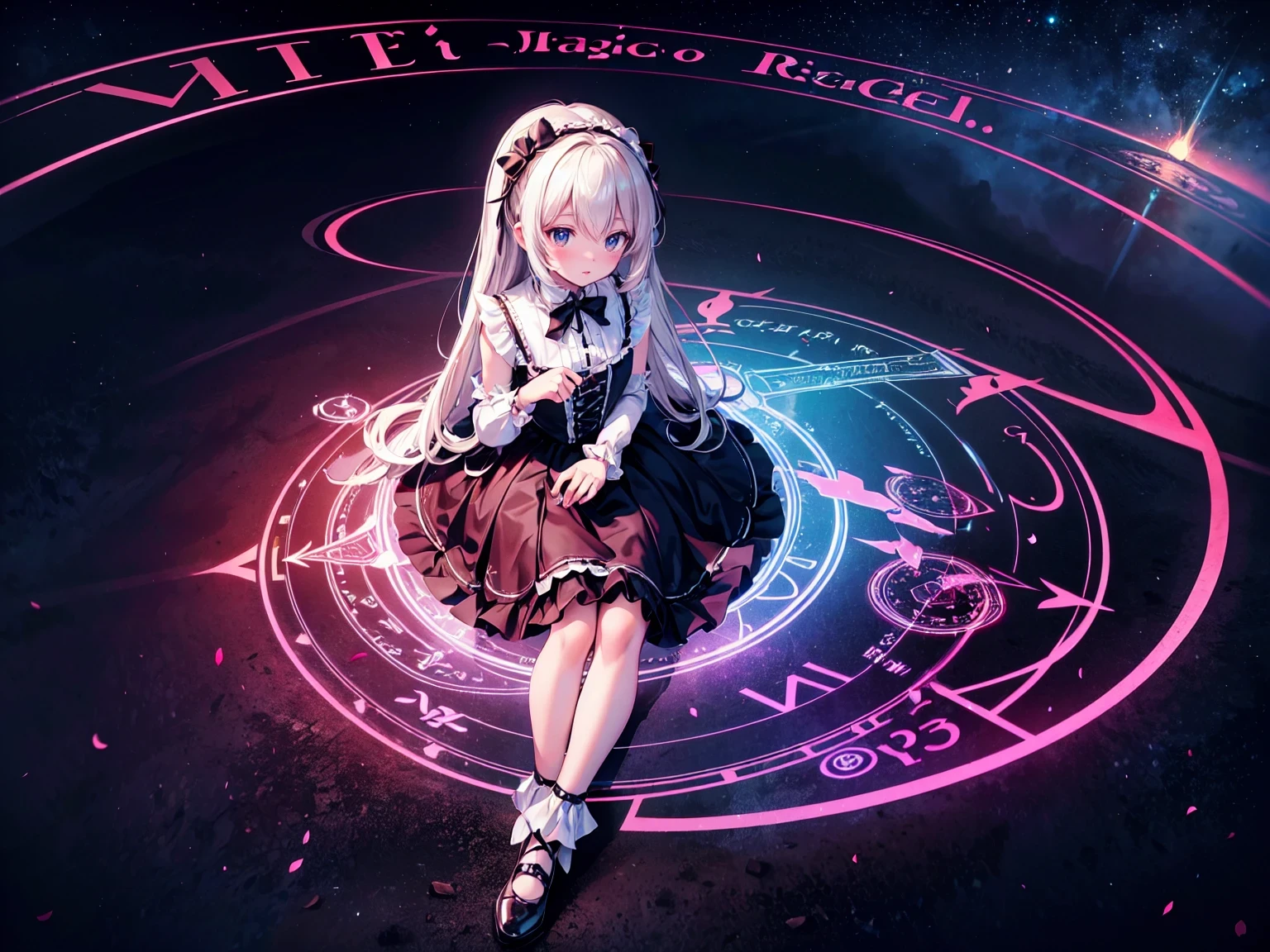 black and pink outfit sitting on a bench, top clothes pink sleeveless top clothes, Lolita Style, Lolita Fashion, Cute as an angel, black and pink gothic lolita dress, Magical Lolita Girl, Ruffled Costume, victorian gothic Lolita Fashion, Magic , Witchcore Outfit, , Layering, (((Masterpiece, Super detail, top quality, ultra high res, Spectacular Quality, Distinguished Quality, ultra detailed, unity 16k, ultra photo realistic))), (huge magic circle drawn in the sky and on the ground in night:1.5),
