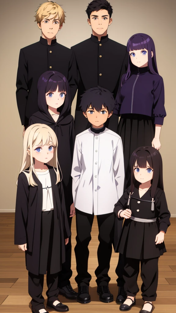 Only four kids, girls, boys, one girl has long dark purple hair, black eyes, the other girl has black hair with bangs, brown eyes, one boy has white hair and blue eyes, And the other boy has blond hair and brown eyes, they are all wearing black clothes They are wearing black choir clothes and nonja masks