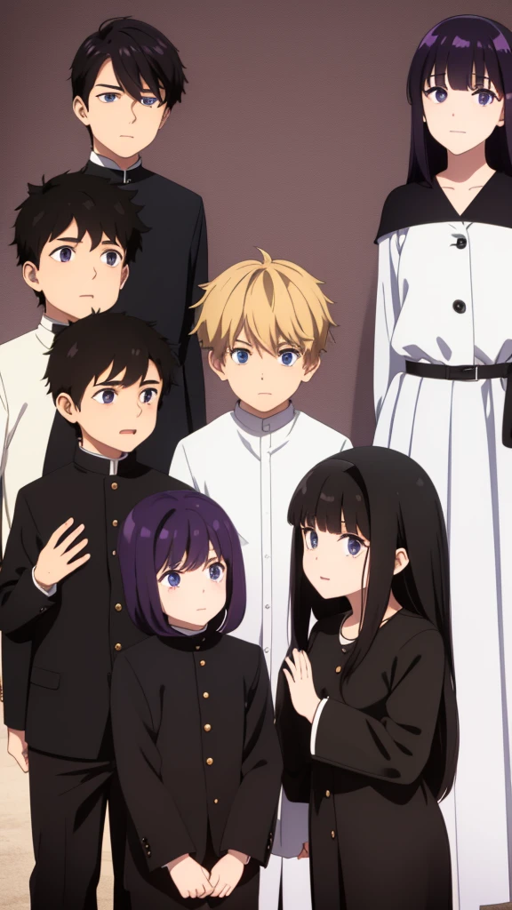 Only four kids, girls, boys, one girl has long dark purple hair, black eyes, the other girl has black hair with bangs, brown eyes, one boy has white hair and blue eyes, And the other boy has blond hair and brown eyes, they are all wearing black clothes They are wearing black choir clothes and nonja masks