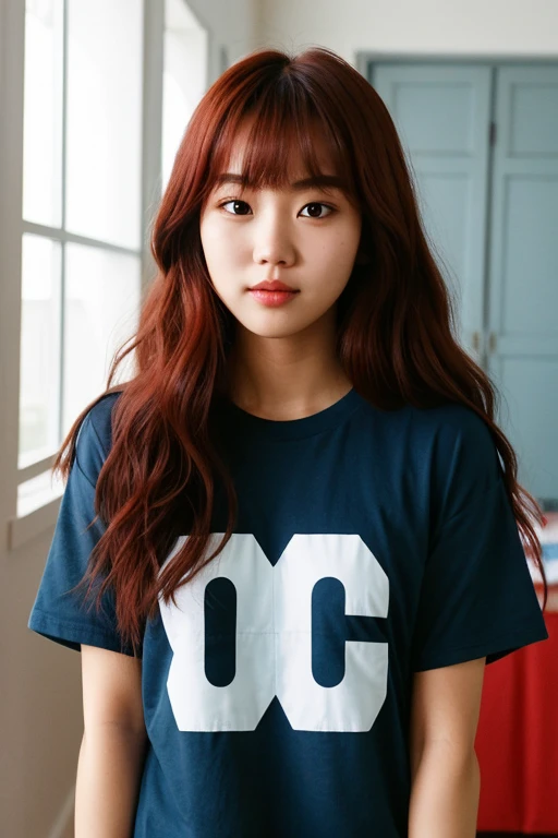 design a inside out (pixar movie) oc that is a korean girl with wavy long middle part red with bangs hair brown eyes nice apperence and with a long sleve dark blue t-shirt