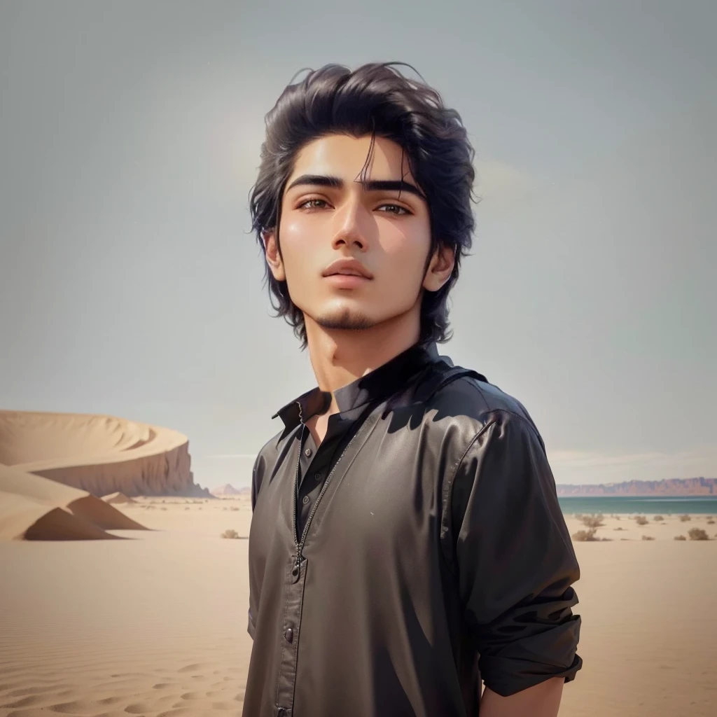 a young boy in a beautiful black shirt, standing in a desert landscape with a beach in the background, highly detailed, realistic, 4k, photorealistic, masterpiece, award winning photography, stunning lighting, dramatic shadows, vibrant colors, serene atmosphere, incredible textures, ultra detailed, hyper realistic, sharp focus, physically based rendering, professional grade, cinematic composition, epic scale, stunning vista