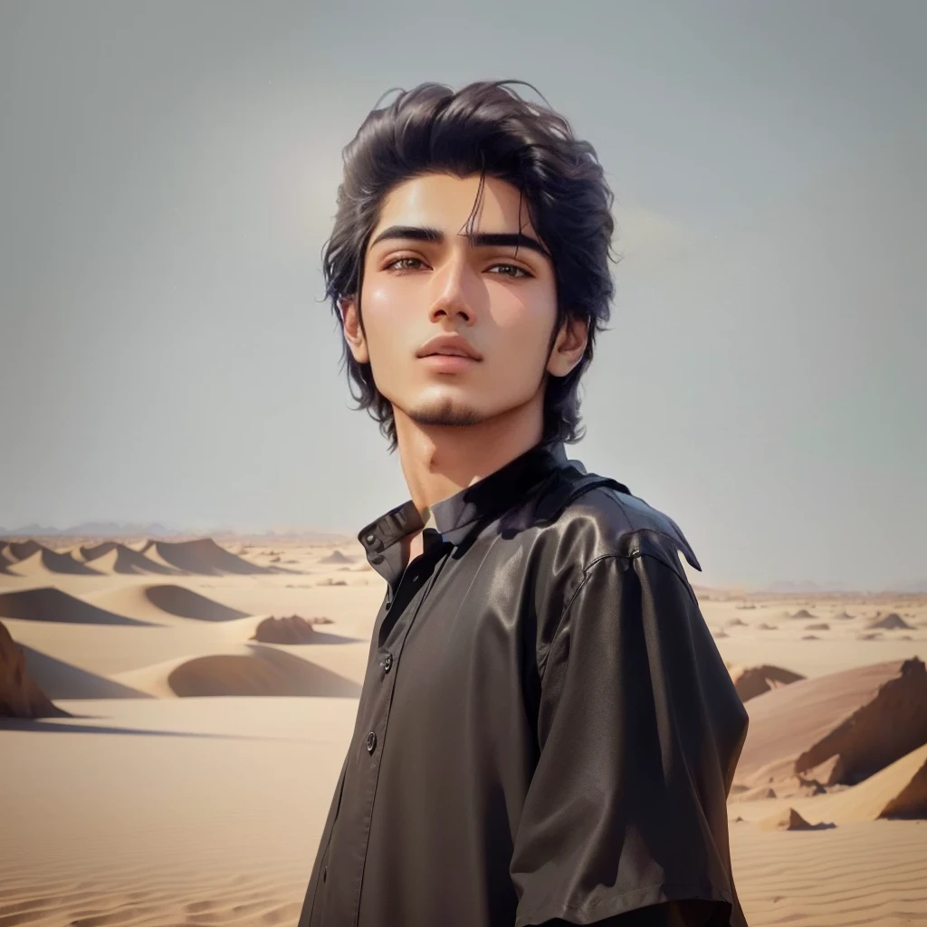 a young boy in a beautiful black shirt, standing in a desert landscape with a beach in the background, highly detailed, realistic, 4k, photorealistic, masterpiece, award winning photography, stunning lighting, dramatic shadows, vibrant colors, serene atmosphere, incredible textures, ultra detailed, hyper realistic, sharp focus, physically based rendering, professional grade, cinematic composition, epic scale, stunning vista