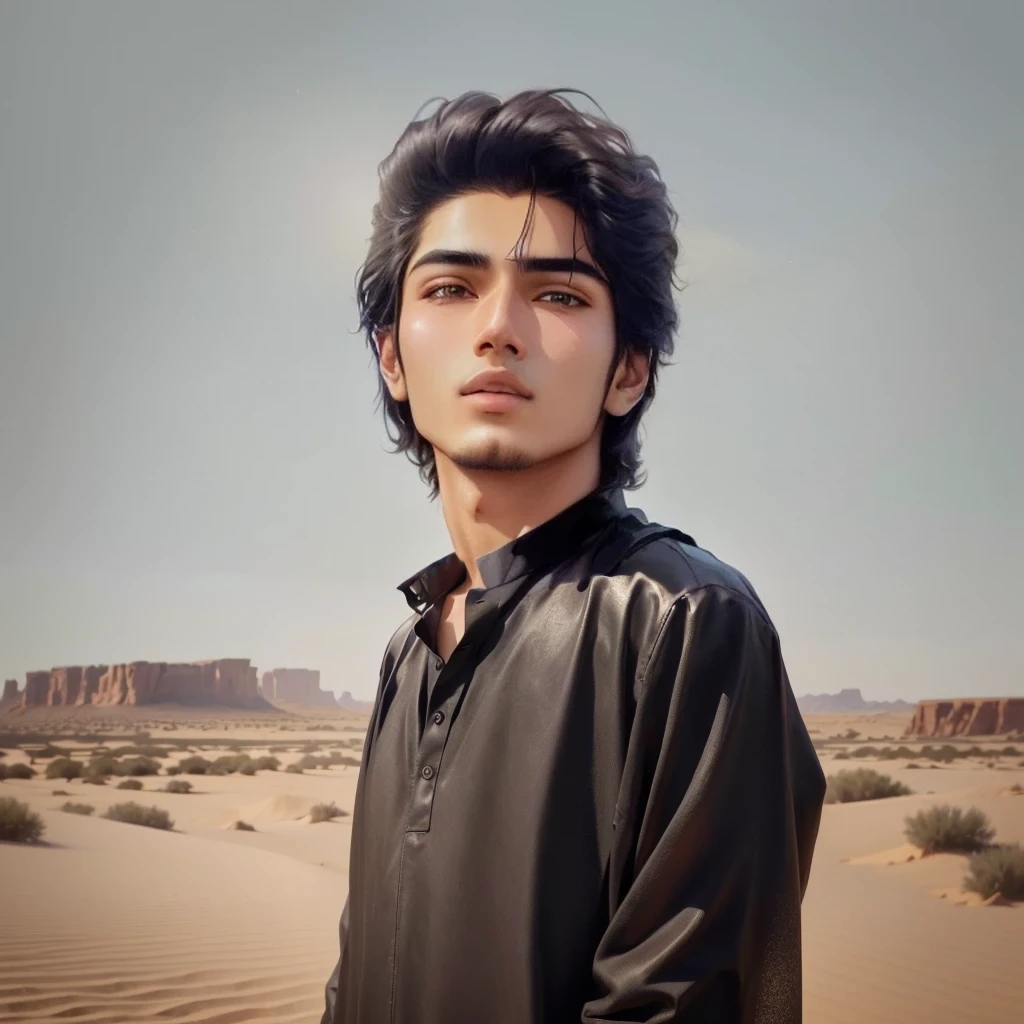 a young boy in a beautiful black shirt, standing in a desert landscape with a beach in the background, highly detailed, realistic, 4k, photorealistic, masterpiece, award winning photography, stunning lighting, dramatic shadows, vibrant colors, serene atmosphere, incredible textures, ultra detailed, hyper realistic, sharp focus, physically based rendering, professional grade, cinematic composition, epic scale, stunning vista