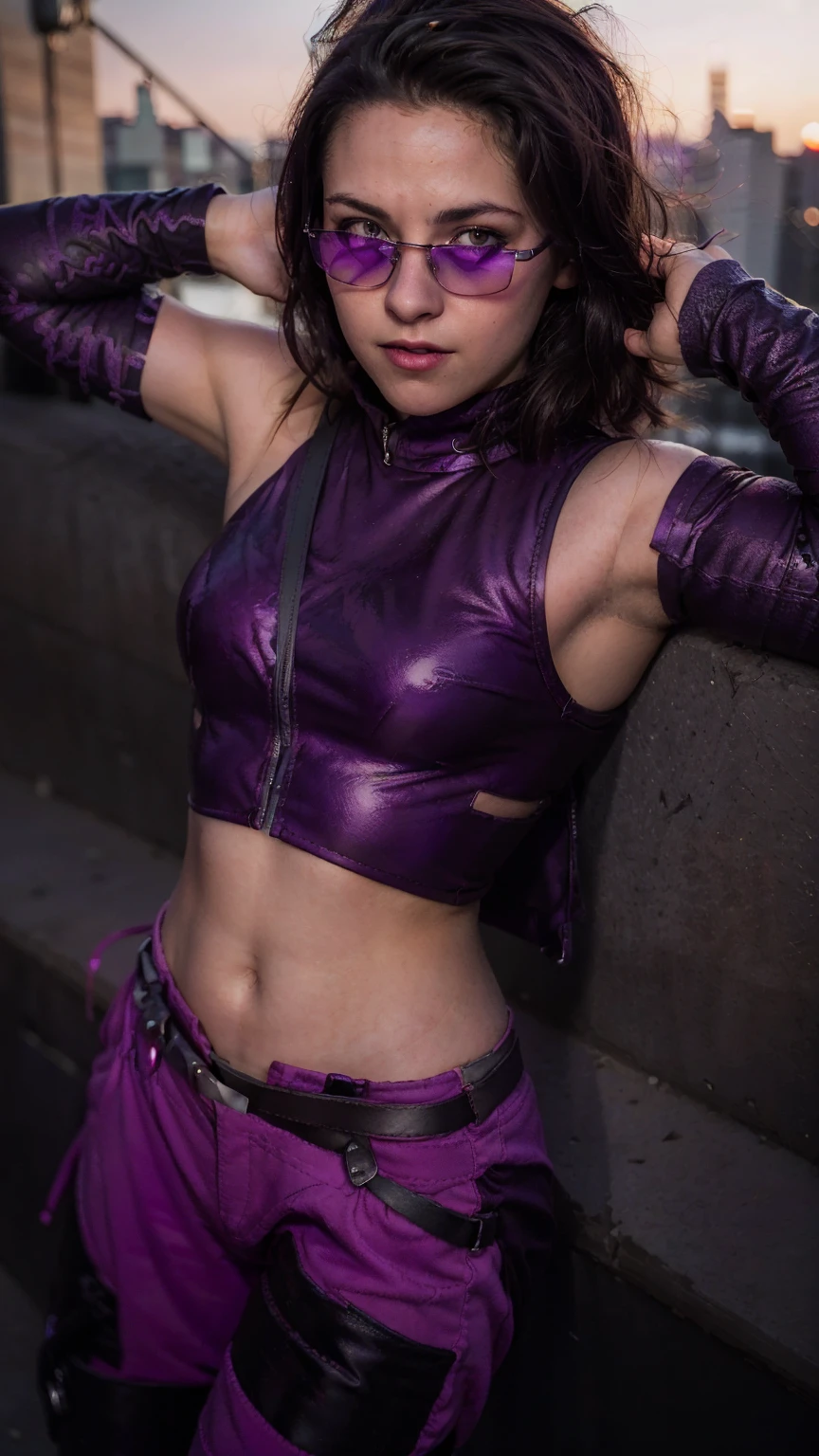 (masterpiece), (photorealistic1.4), (1 girl), (solo), (best quality), (epiCRealLife), (Kate Bishop long hair), (sleeveless top), (kateb2023 black utility belt), (kateb2023 purple costume), (purple pants) (kateb2023 purple sleevless bodysuit), (kst3w),(white scarf), (kateb2023 purple sunglasses) (bare shoulder), (night time), (kateb2023 wearing black boot), (elbow gloves), (abs), (flash photography), (flashphoto), (outdoor), , (sunset), (wearing black boots), (look at viewers),(light smile), (back poses), (city night view), (standing on new york city top), (from side),