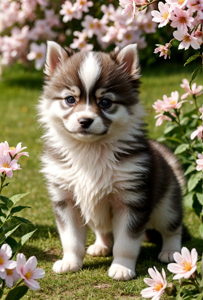 beautiful siberian puppy, playing with flowers in the spring, warm and sunny day, image that generates tenderness,