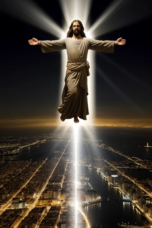 creates a realistic image of Jesus Christ with open arms over the city of Montevideo on a dark night. Only the torso is visible to Jesus and he is inside a dome of light that emanates to the entire city with rays of light. . On each side of Jesus there is an angel .