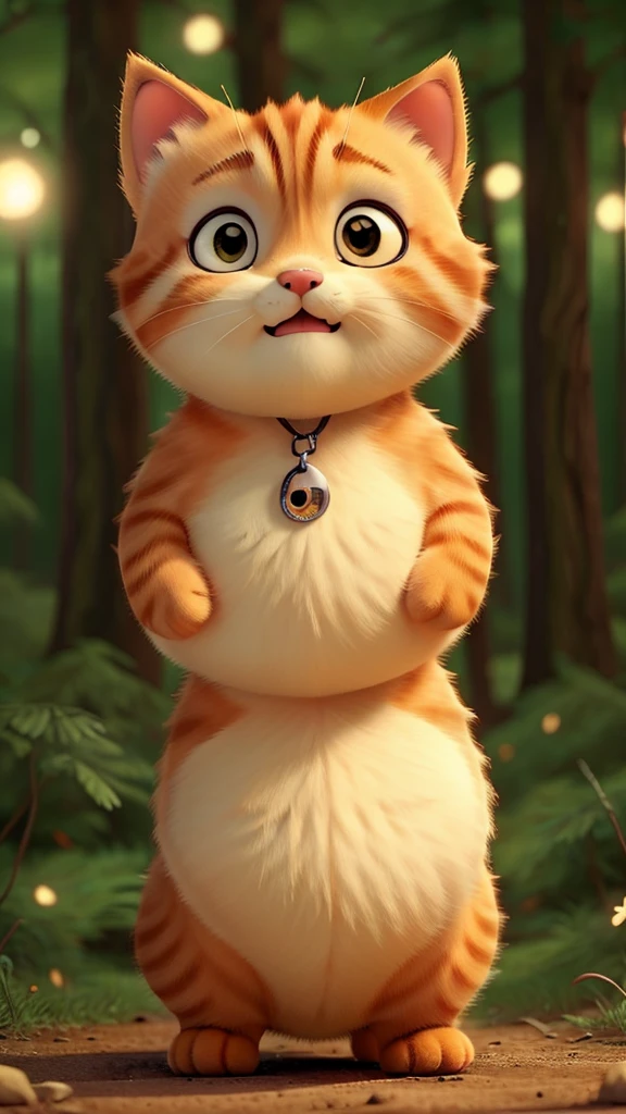 a cute and adorable chubby and fat orange kitten in the middle of a forest at night looking scared and sad and worried and crying alot crying so much crying with tears