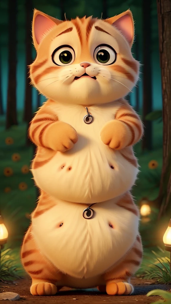 a cute and adorable chubby and fat orange kitten in the middle of a forest at night looking scared and sad and worried and crying alot crying so much crying with tears