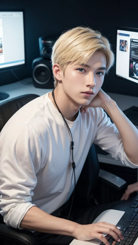 Create an image of a young man aged between 18 to 23 years old. He has blonde hair and light-colored eyes. The young man is seated at a gamer setup with multiple monitors and gaming accessories visible. He is facing the camera, as if he's streaming, with a microphone and possibly a webcam in view. The focus is centered on him, while the background is blurred to emphasize his presence. The lighting should be soft, highlighting his facial features and the gaming environment, giving a professional streaming vibe.