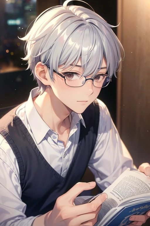 Kimishima Ikuto、17 years old、(1:boy)、(Hairstyle:Silver short hair,Silver Hair)、Slanted Eyes、Brown eyes、Perfect Anatomy、(Reading),white rimmed glasses、Beautiful profile, Close-up face:2.0,一人のboy