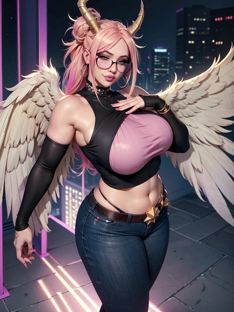 realisticlying,22yo girl,Blonde short、big body, sexy lingerie lace black ,perfect eyes, hair bunches、very very long hair, ultradetailed hair, body nylon sexy, Breasts enlarged、 big body, blonde, woman 1.90 CM,ponytail, ((hair over eyes)),perfect mouth, massive big bounce oppai, WET SKIN, (masterpiece, best quality:1.2), 1girl, solo, city background, haze \(fortnite\), Harpy Haze From fortnite, 1girl, earrings, glasses, hat, jewelry, lips, long hair, looking at viewer, makeup, nail polish, pink eyes, pink hair, pink nails, smile, sunglasses, tinted eyewear, belt, black pants, crop top, eyeshadow, midriff, navel, pants, choker, fingernails, round eyewear, sharp fingernails, standing, black feathers, black headwear, hoop earrings, horned headwear, horns, denim, winged arms, feather trim, star \(symbol\), elbow gloves, dark pink lips, feathers, heels, shoes, angel wings, bangle, black wings, crop top overhang, feathered wings, harpy, low wings, multicolored hair, multicolored wings, pink wings, wings, fingerless gloves, shirt, long fingernails, boater hat, bootcut pants, leather pants, sleeves, black sleeves,massive big bounce oppai,massive big bounce oppai,massive big bounce oppai,big bounce oppai,big bounce oppai,