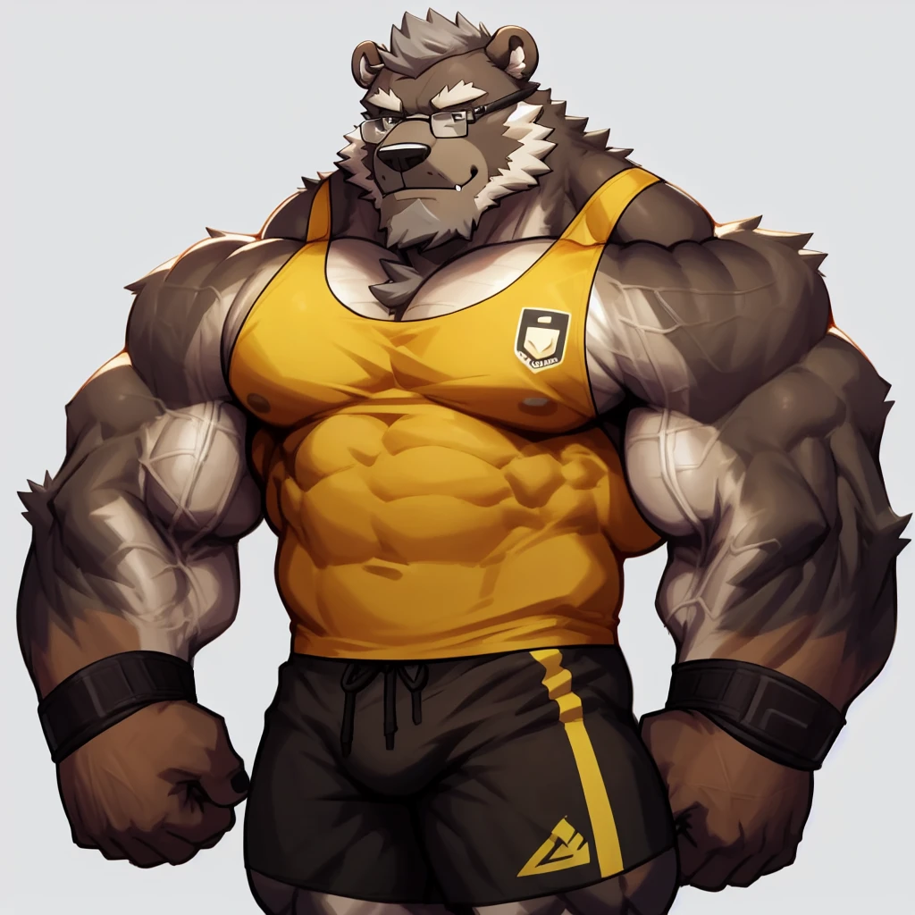 solo, 1boy, Huge Muscular Old Grizzly Bear Daddy wearing glasses , pectoral, huge pectoral, wide pectoral, short grey hair, gym short pants, black wristbands and black tank top ,bearded, grey Mustache, simple background, masterpiece, high detailed, 8k, high resolution, at the gym, reps