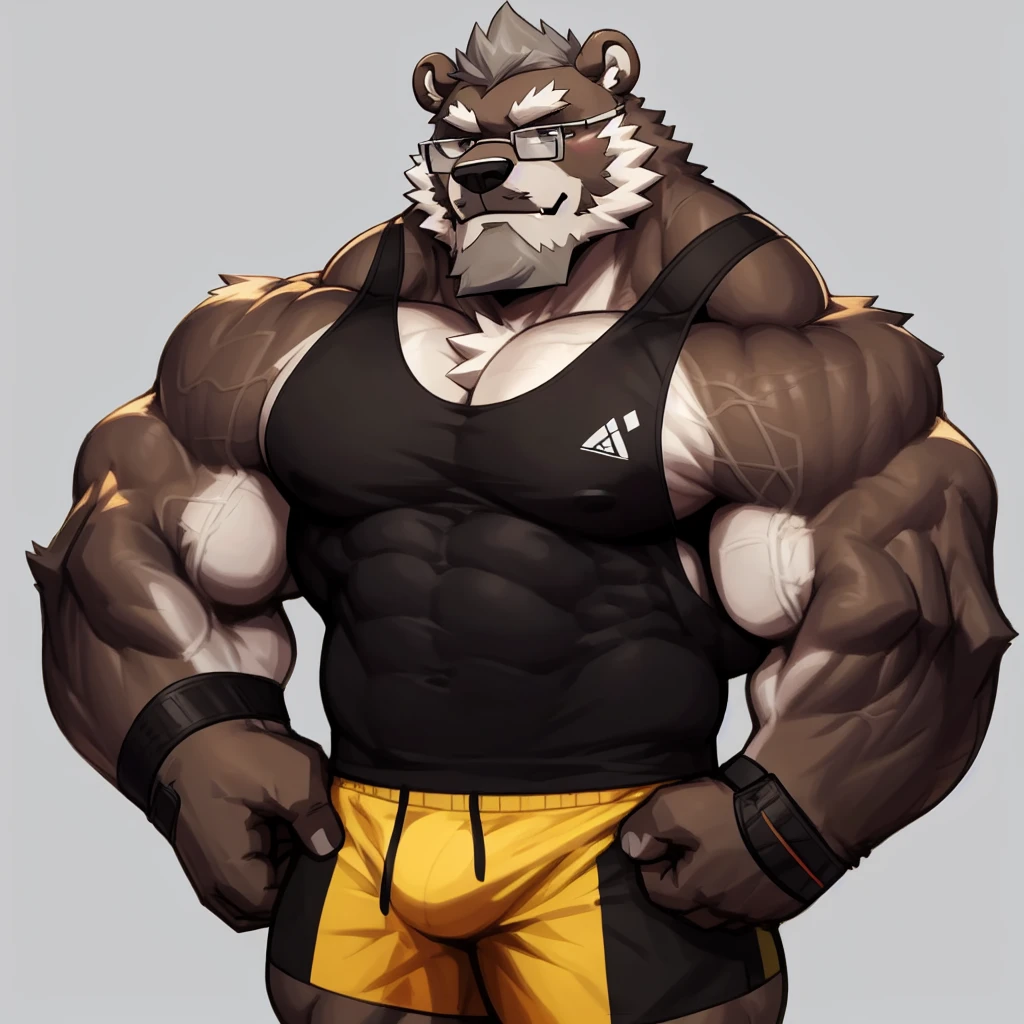 solo, 1boy, Huge Muscular Old Grizzly Bear Daddy wearing glasses , pectoral, huge pectoral, wide pectoral, short grey hair, gym short pants, black wristbands and black tank top ,bearded, grey Mustache, simple background, masterpiece, high detailed, 8k, high resolution, at the gym, reps