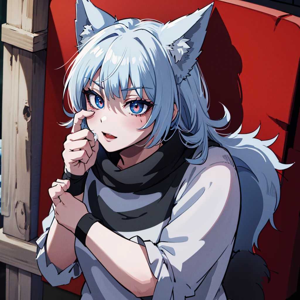 A werewolf with beautiful blue eyes, a cunning and malevolent gaze, detailed anime style, niji colors, best quality, 4k, 8k, highres, masterpiece, ultra-detailed, realistic, photorealistic