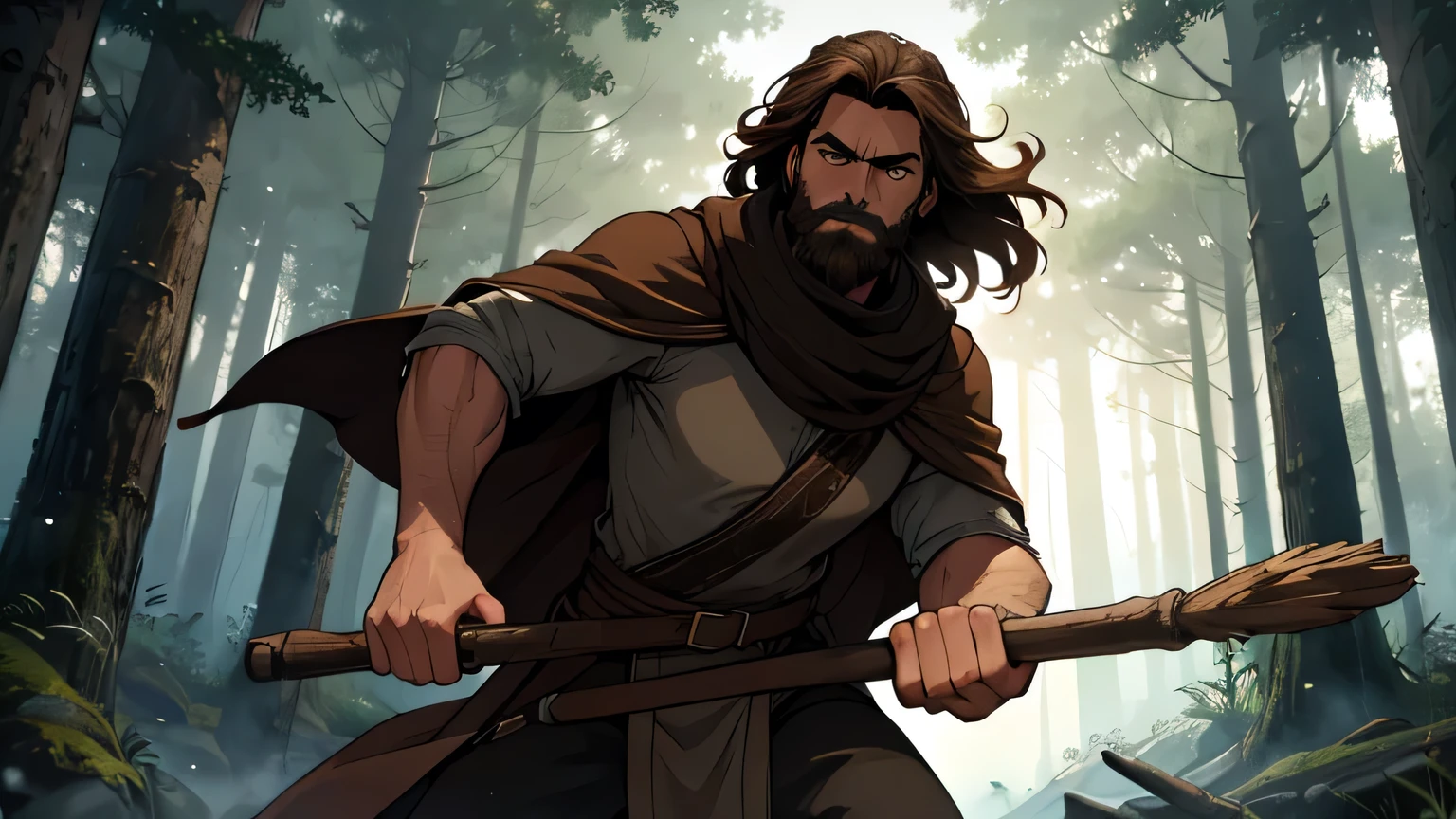 motion scene of man with dark brown beard, long dark brown hair, light yellow-brown eyes and dark brown and light brown tunic from the 4th century BC. C., with a light brown cloak, about 50 years old, attacking with a wooden stick, in a dark and mysterious forest at night, movement scene in the forest, changing lighting, hyper-realistic, cinematic lighting,