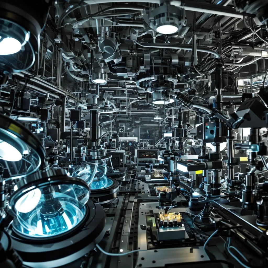 Aliens in a technological laboratory with microscopes
