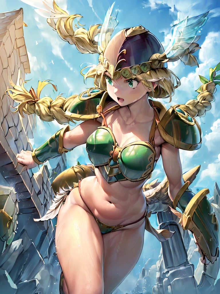 (masterpiece,best quality, 1girl, 18yo, beautiful girl:1.3),BREAK,(Armor:1.8),(Helmet with wings:1.7),(Beautiful blonde,braid,Green Eyes:1.5),BREAK,(Bikini Armor:1.5),(navel exposed,voluptuous bust,thin waist:1.3),BREAK, (blue sky:1.2),(Running on clouds:1.3),(blue skyに舞う:1.3),