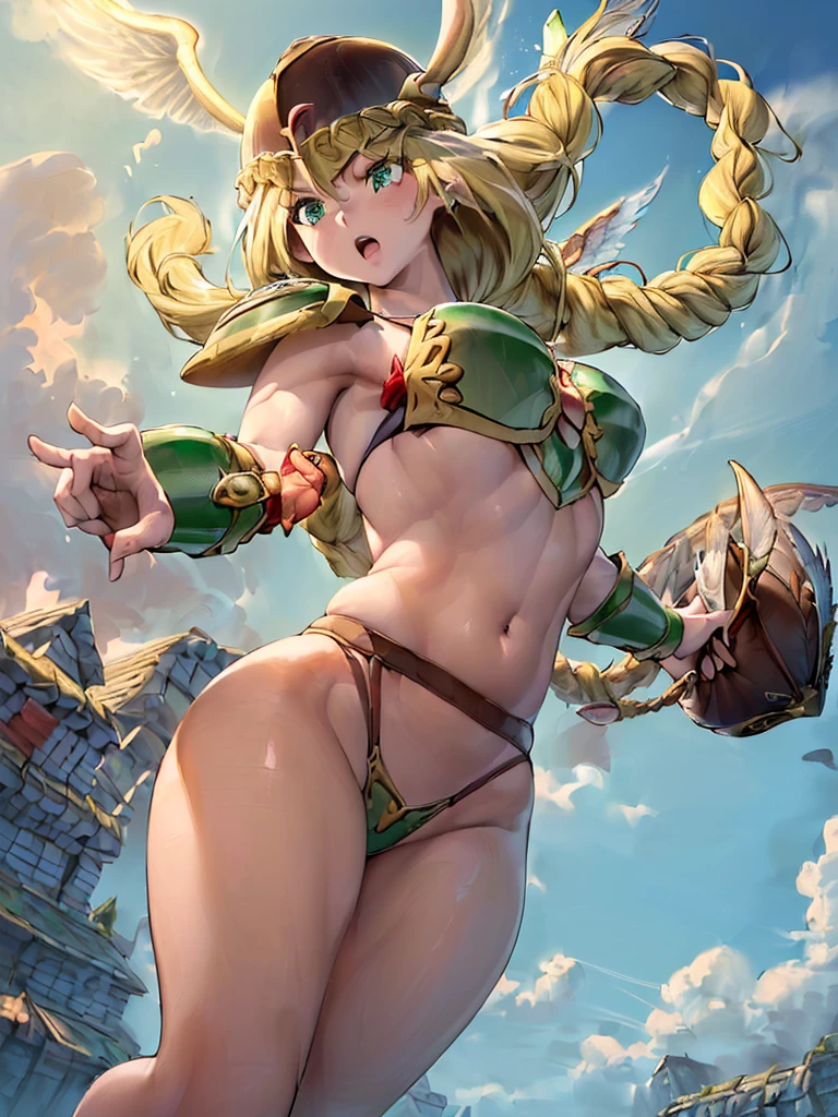 (masterpiece,best quality, 1girl, 18yo, beautiful girl:1.3),BREAK,(Armor:1.8),(Helmet with wings:1.7),(Beautiful blonde,braid,Green Eyes:1.5),BREAK,(Bikini Armor:1.5),(navel exposed,voluptuous bust,thin waist:1.3),BREAK, (blue sky:1.2),(Running on clouds:1.3),(blue skyに舞う:1.3),