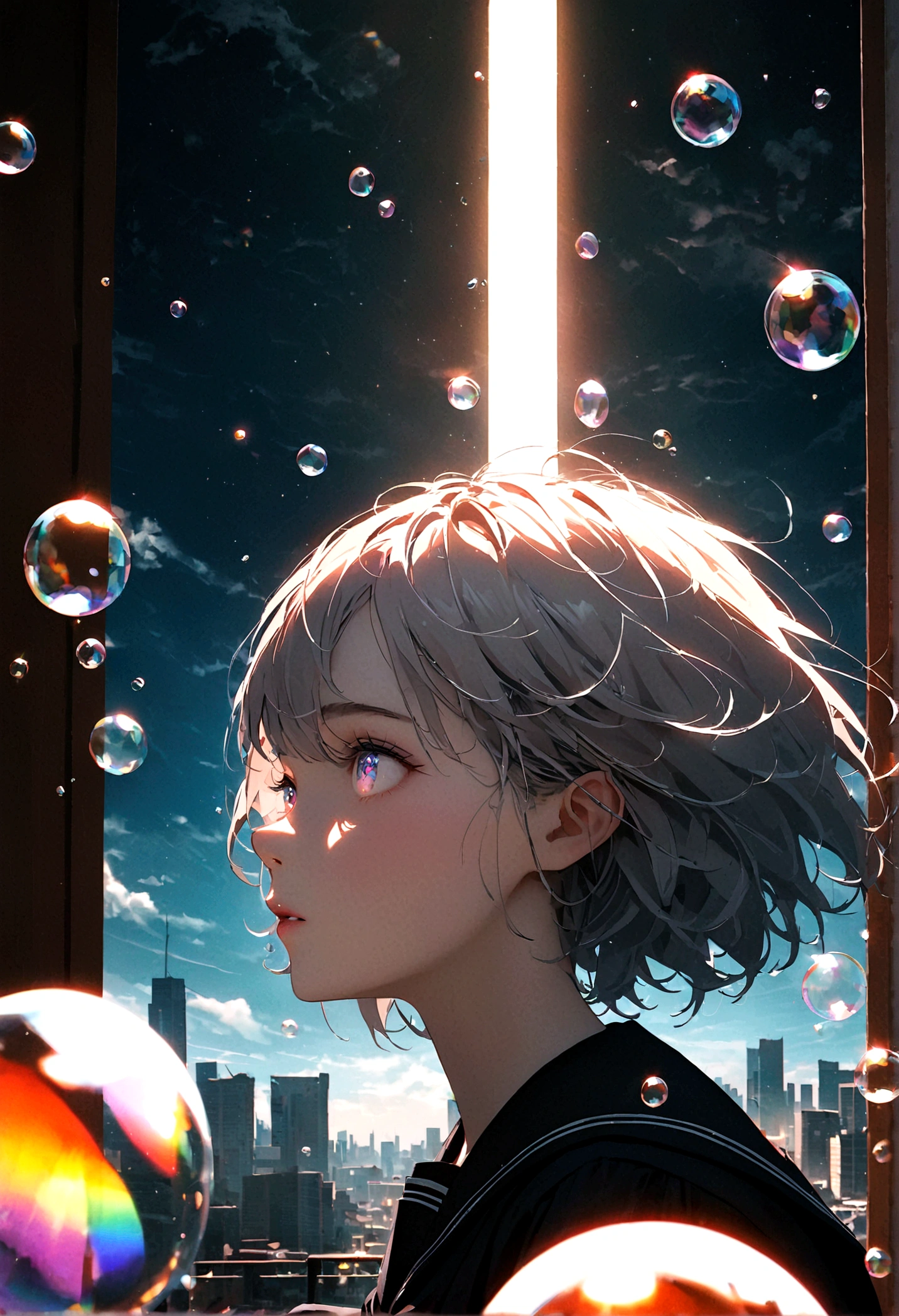 (woman\(, 15 yearhort hair, Silver Hair, Floating Hair, Space-colored eyes, Black sailor suit\(Of high school\), Pale skin, Tired face, No shine in the eyes\) Looking up at the sky), (Many goldfish are swimming in the air), Beautiful sky, Beautiful Clouds, Colorful summer flowers are blooming everywhere., (Transparent bubbles shine like prisms here and there in the sky), The midday moon and the midday star shine in the sky, woman is at messy downtown, break ,quality\(8K,非常に精細なCGユニットのwallpaper, masterpiece,High resolution,top-quality,top-quality real texture skin,Surreal,Increase the resolution,RAW Photos,最高quality,Very detailed,wallpaper,Cinema Lighting,Ray-tracing,Golden Ratio\),(Long Shot),Wide Shot,