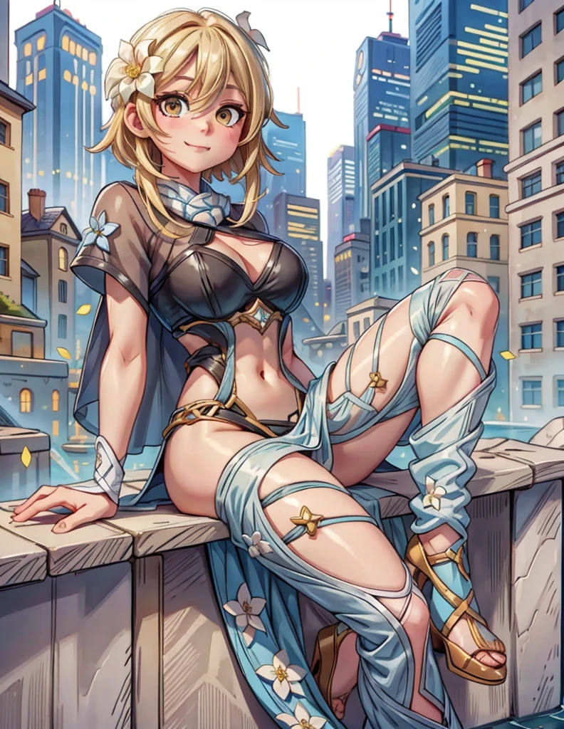 ((1girl, lumine, blonde hair, flower on hair, white background)), upper body, anatomically correct, short hair, , simple background, smile, cleavage, same as original,