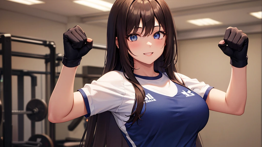 Highest quality, 8K, 4K, High resolution, High Contrast,1girl,only,Beautiful dark brown hair,Straight Long Hair,(Beautifully detailed face),Blue, clear eyes,Upper Eye,She has big breasts,２０generation, Happy, smile,Fighting Pose, Sportswear, sports gym