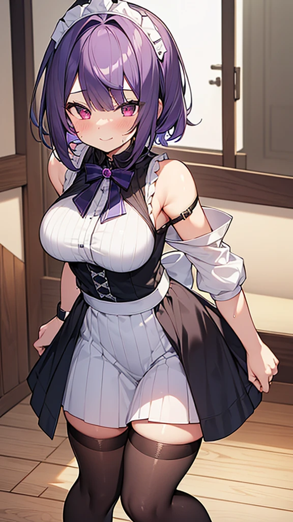 最high quality, high quality, Super detailed, 32k, Ultra-detailed details, Sister and maid, (Standing, pretty girl, beautiful purple hair, short hair, Beautiful RED eyes, mature, Big Breasts, A light smile, Off-the-shoulder sleeveless Summer clothes, Summer casual maid clothes, Short skirt, Blue and white color striped underwear, Black knee socks, loafers, My crotch is wet with love juice, 18-year-old,cute), {{The succubus peels the skin off her sister&#39;s face, sticks it on her face, and seduces her by dressing her as a maid.}}, She has transformed from a shy maid into a lewd one., A maid with her sister&#39;s face stuck on her face is vigorously pistoning her body, A maid who moves her body vigorously without caring if her breasts bounce, Super detailed, Full body image, ((Head to Toe:1.3)), NSFW