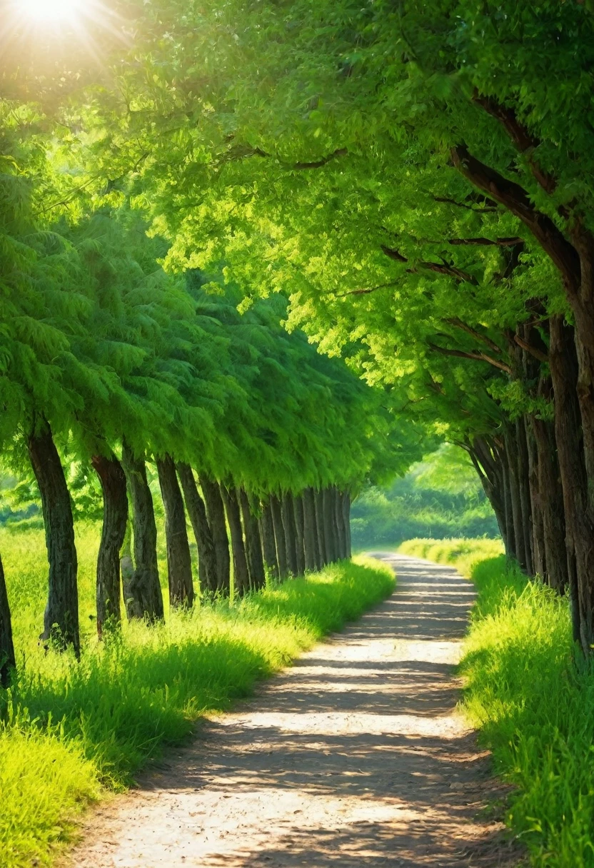 Photography,Summer in the countryside,Summer trees,The Trail,乡间The Trail,Green trees on both sides,The sun's rays are very strong,烈日Like flames,A ray of sunlight,Like flames,The light of flame,There are scarlet flowers on the left side of the road,A red flower among the green leaves on the roadside,