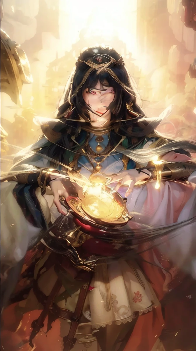 (RAW photo, best quality), (realistic, photo-realistic:1.3),best quality,highly detailed,masterpiece,ultra-detailed,illustration,1girl,upper_body,dynamic angle,world masterpiece theater,messy_long_hair,best quality,extremely detailed CG unity 8k wallpaper,ink,Amazing,cinematic lighting,lens_flare, dunhuang_style