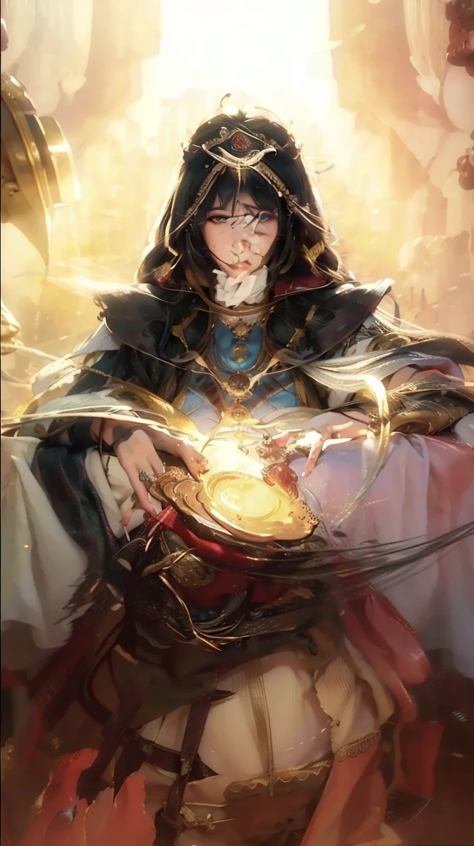 (RAW photo, best quality), (realistic, photo-realistic:1.3),best quality,highly detailed,masterpiece,ultra-detailed,illustration,1girl,upper_body,dynamic angle,world masterpiece theater,messy_long_hair,best quality,extremely detailed CG unity 8k wallpaper,ink,Amazing,cinematic lighting,lens_flare, dunhuang_style