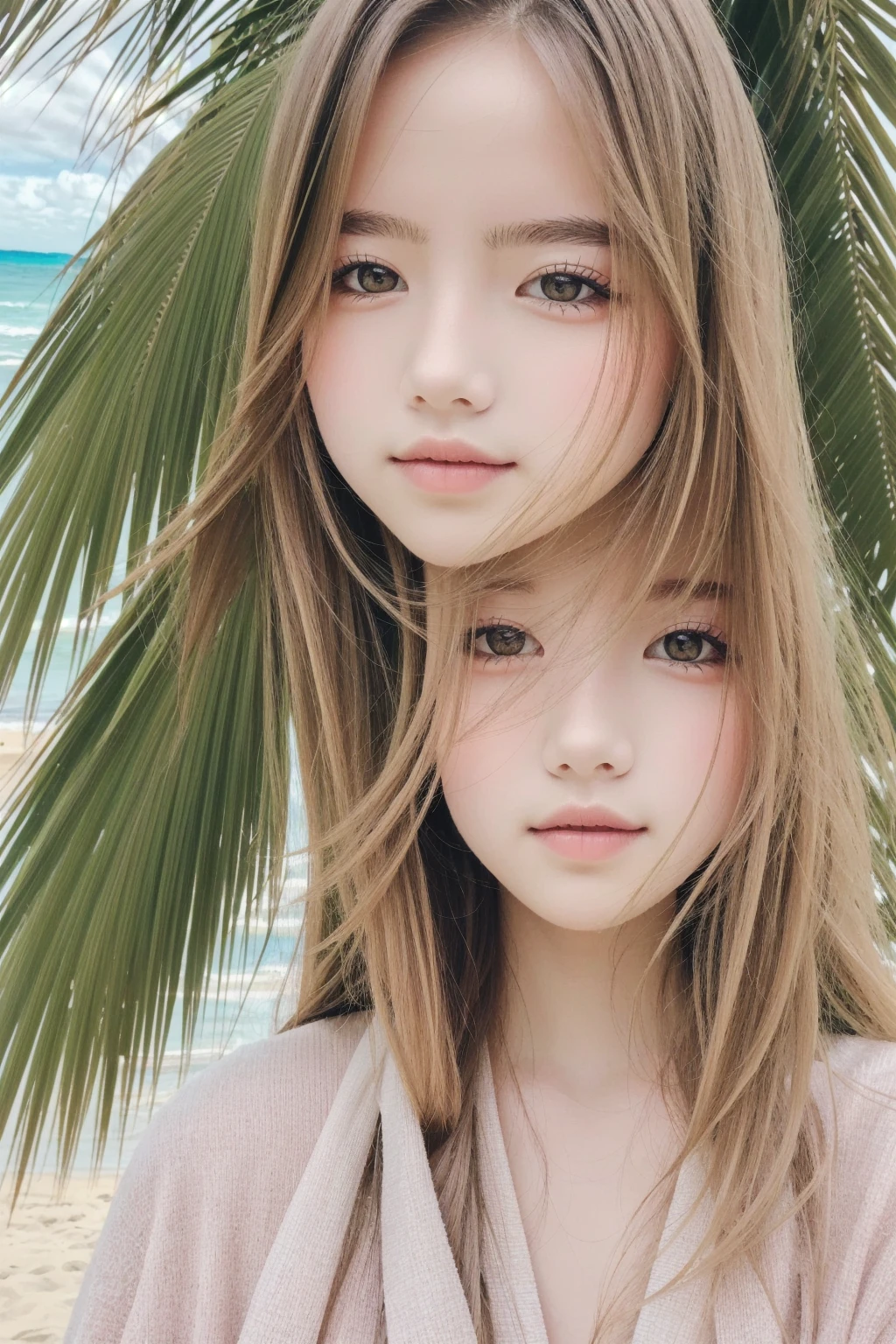 ((Highest quality)), ((Very detailed)), masterpiece, Detailed face, Beautiful Face, (Fine grain, Deep Eyes), (One girl), Upper Body, , (At the Beach, Palm tree), Default 17 styles, English text:1.3, The background is a pastel color