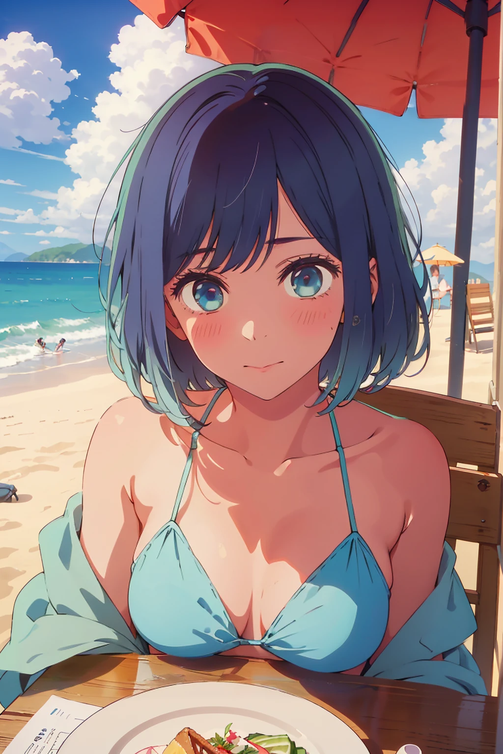(Highest quality:1.4、masterpiece:1.4、Super detailed:1.4、8K:1.4)、((((1 person、Surprised expression、sit、Outdoor café terrace、coastal、juice、table、Sandy Beach、juiceのグラスを持つ、Big eyes、Shallow depth of field、Very cute face))))、((((Plain Bikini))))、F cup bust、Medium breast