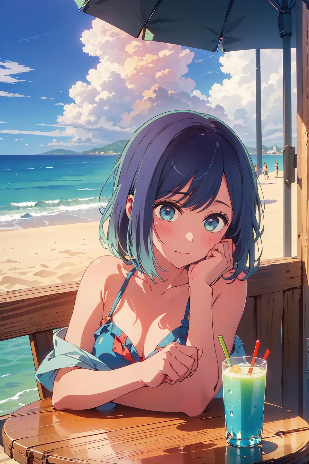 (Highest quality:1.4、masterpiece:1.4、Super detailed:1.4、8K:1.4)、((((1 person、Surprised expression、sit、Outdoor café terrace、coastal、juice、table、Sandy Beach、juiceのグラスを持つ、Big eyes、Shallow depth of field、Very cute face))))、((((Plain Bikini))))、F cup bust、Medium breast