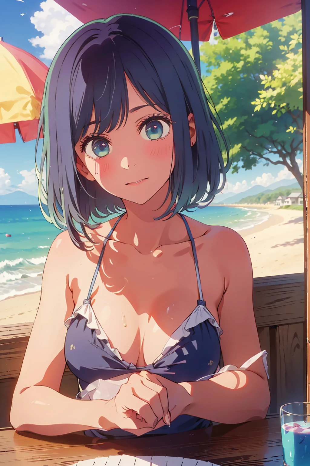 (Highest quality:1.4、masterpiece:1.4、Super detailed:1.4、8K:1.4)、((((1 person、Surprised expression、sit、Outdoor café terrace、coastal、juice、table、Sandy Beach、juiceのグラスを持つ、Big eyes、Shallow depth of field、Very cute face))))、((((Plain Bikini))))、F cup bust、Medium breast