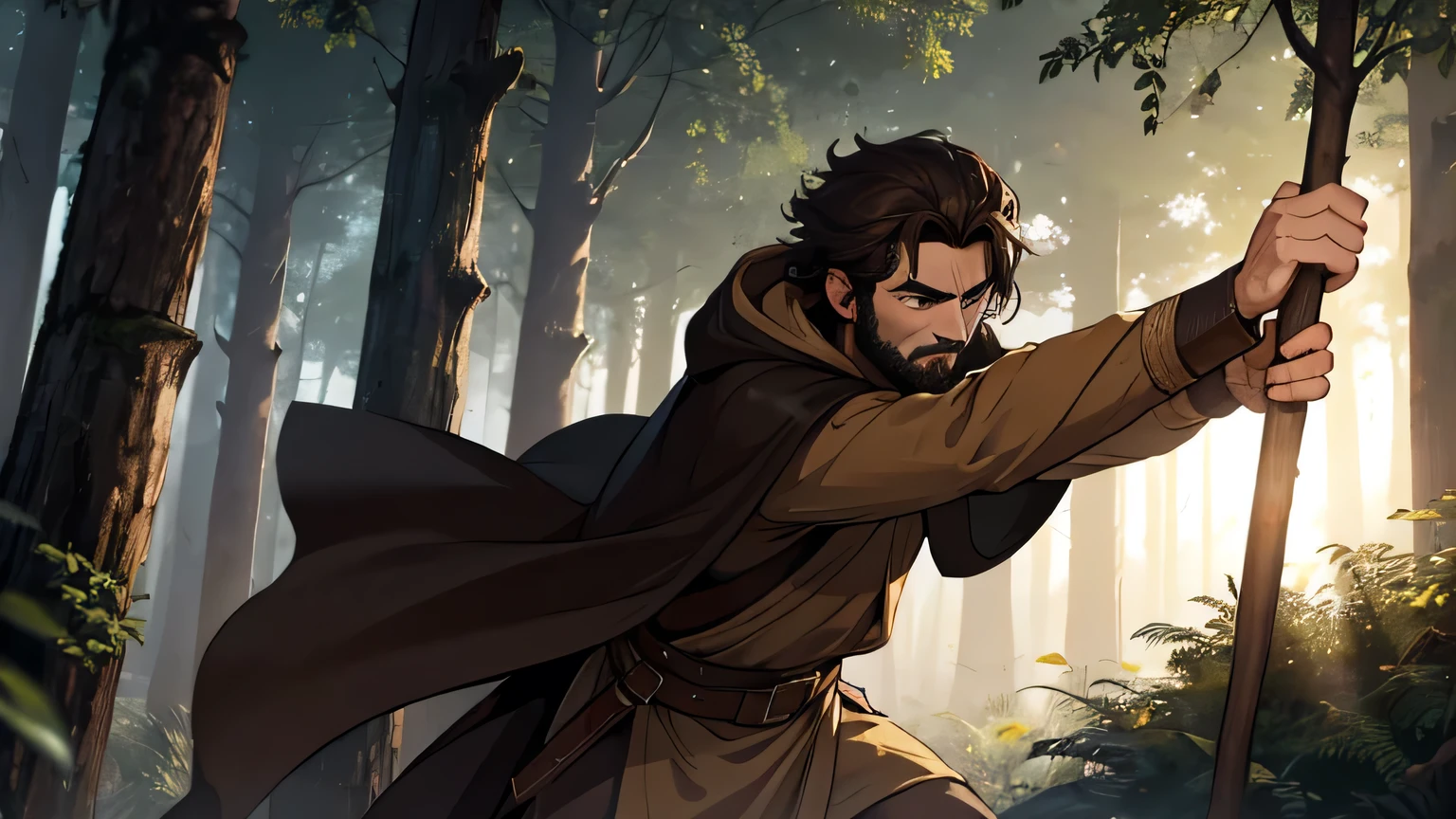 motion scene of  man with dark brown beard, long dark brown hair, light yellow-brown eyes and dark brown and light brown tunic from the 4th century BC. C., with a light brown cloak, about 50 years old, attacking with a wooden stick, in a dark and mysterious forest at night, movement scene in the forest, changing lighting, hyper-realistic, cinematic lighting,